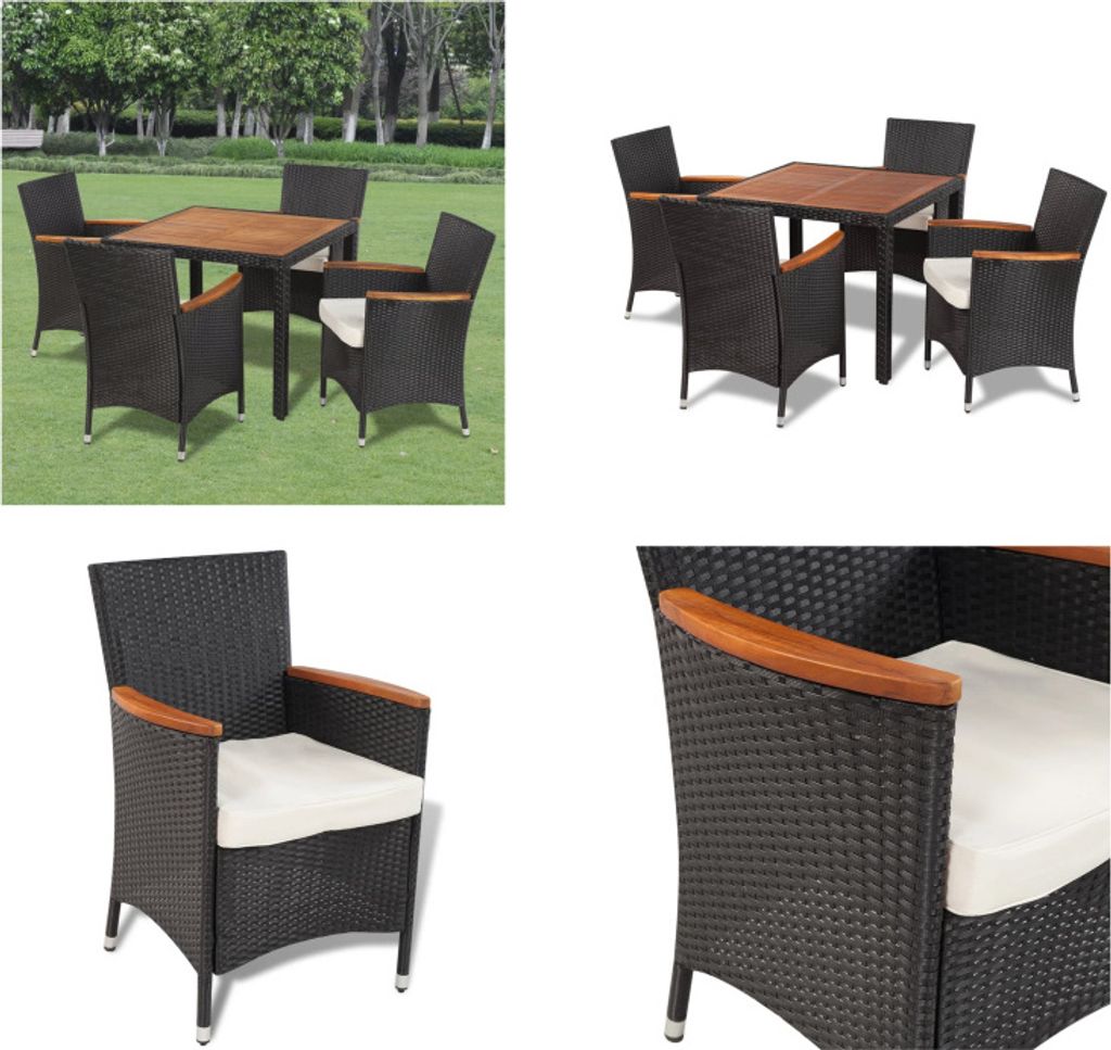 vidaXL 5 tlg. Garten Essgruppe mit Auflagen Poly Rattan Schwarz - Gartenstuhl - Gartenstühle - Outdoor-Stuhl - Outdoor-Stühle