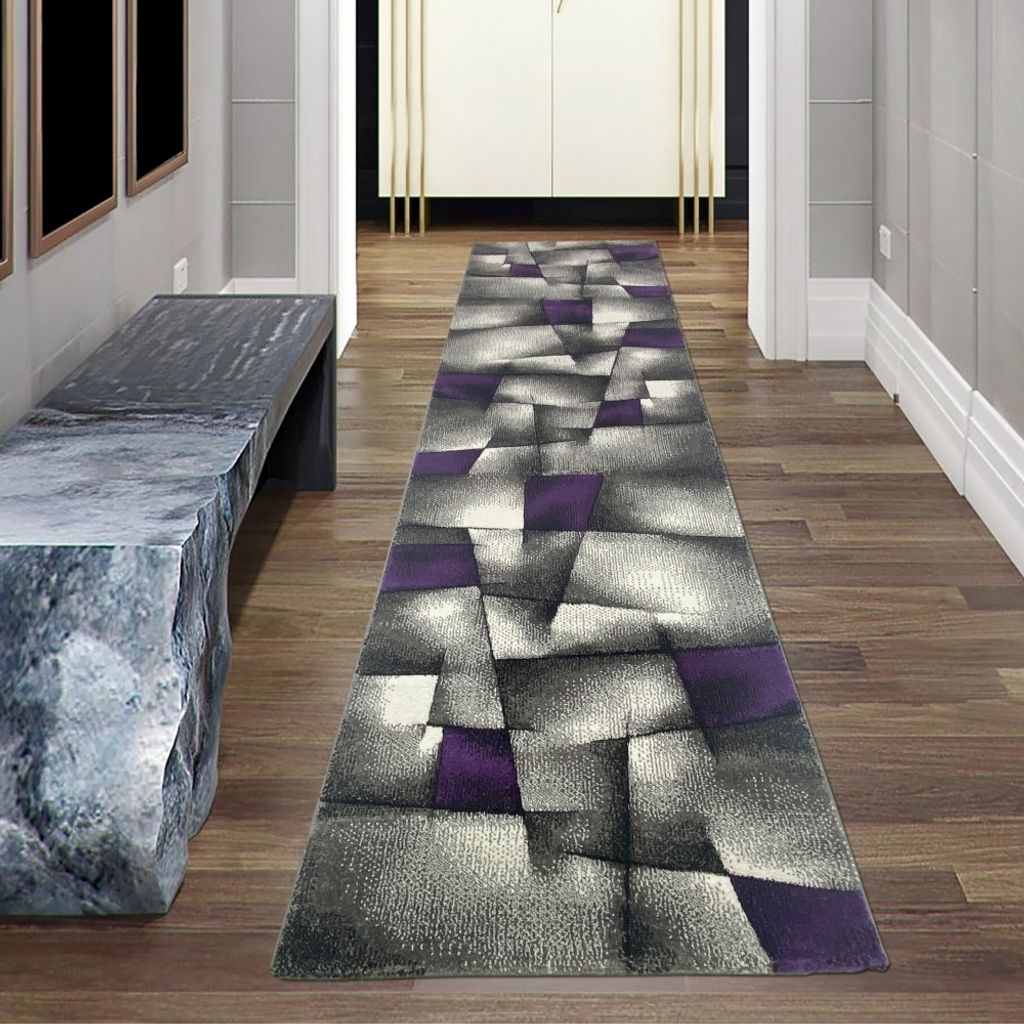 Designer Teppich Moderner Teppich Wohnzimmer Teppich Kurzflor Teppich mit Konturenschnitt Karo Muster Lila Grau Weiss Schwarz Größe - 80 x 300 cm