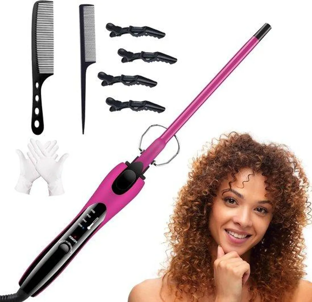 Fer à friser 9 mm rose LCD thermique 100-220°C et kit de coiffure pro
