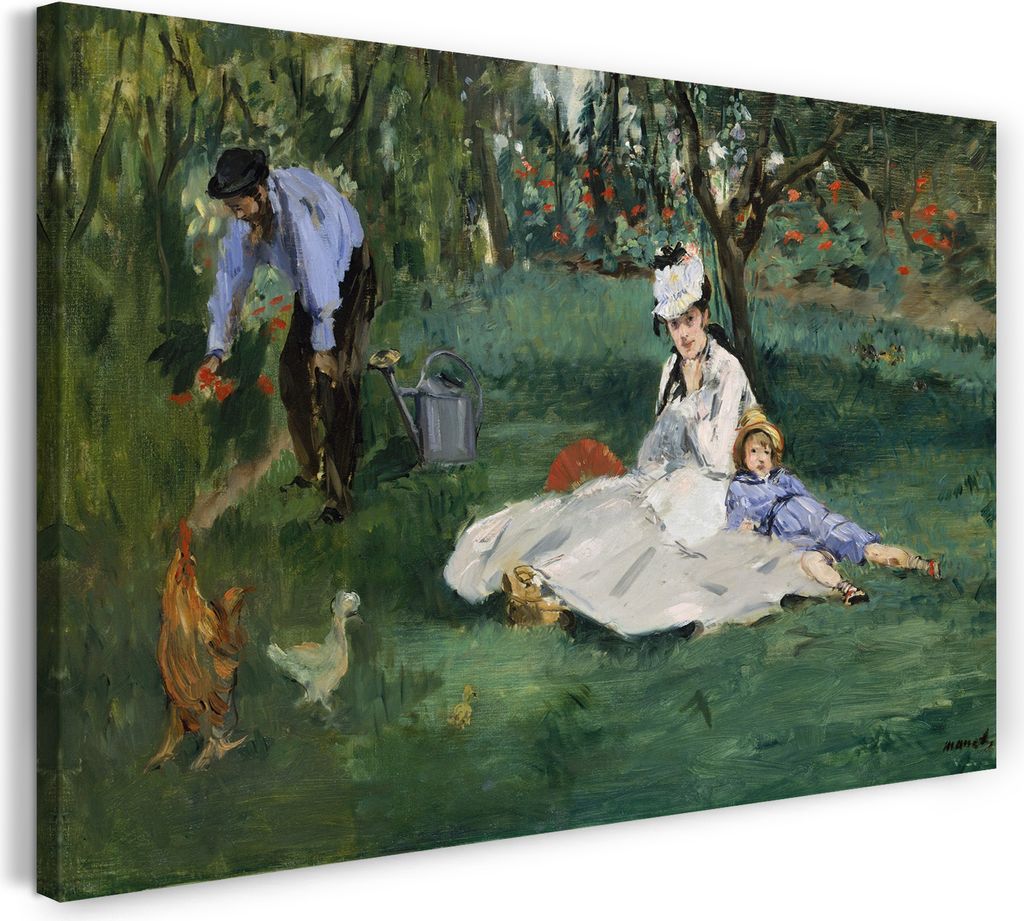 Leinwandbild (120x80cm): Claude Monet - Die Familie Monet in ihrem Garten in Argenteuil (1874), echter Holz-Keilrahmen inkl. Aufhänger, handgefert...