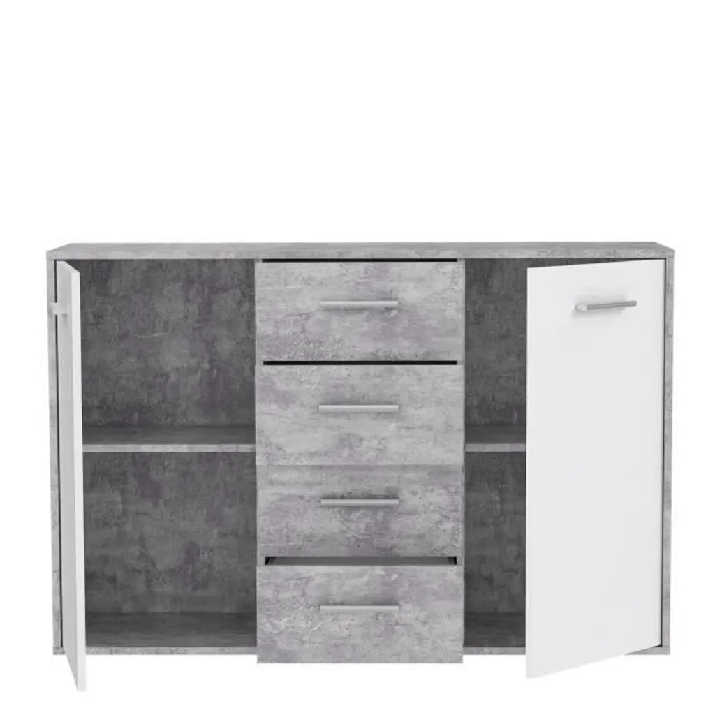Commode de salon PILVI bicolore béton gris et blanc 122x88x34 cm