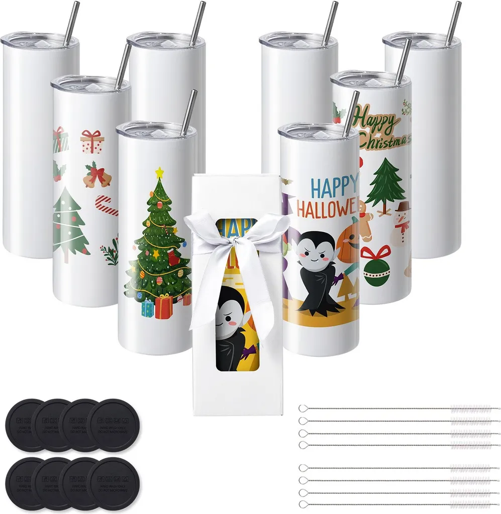 8 Bicchieri Sublimazione 20oz Acciaio Inox Skinny Tumbler con Cannuccia