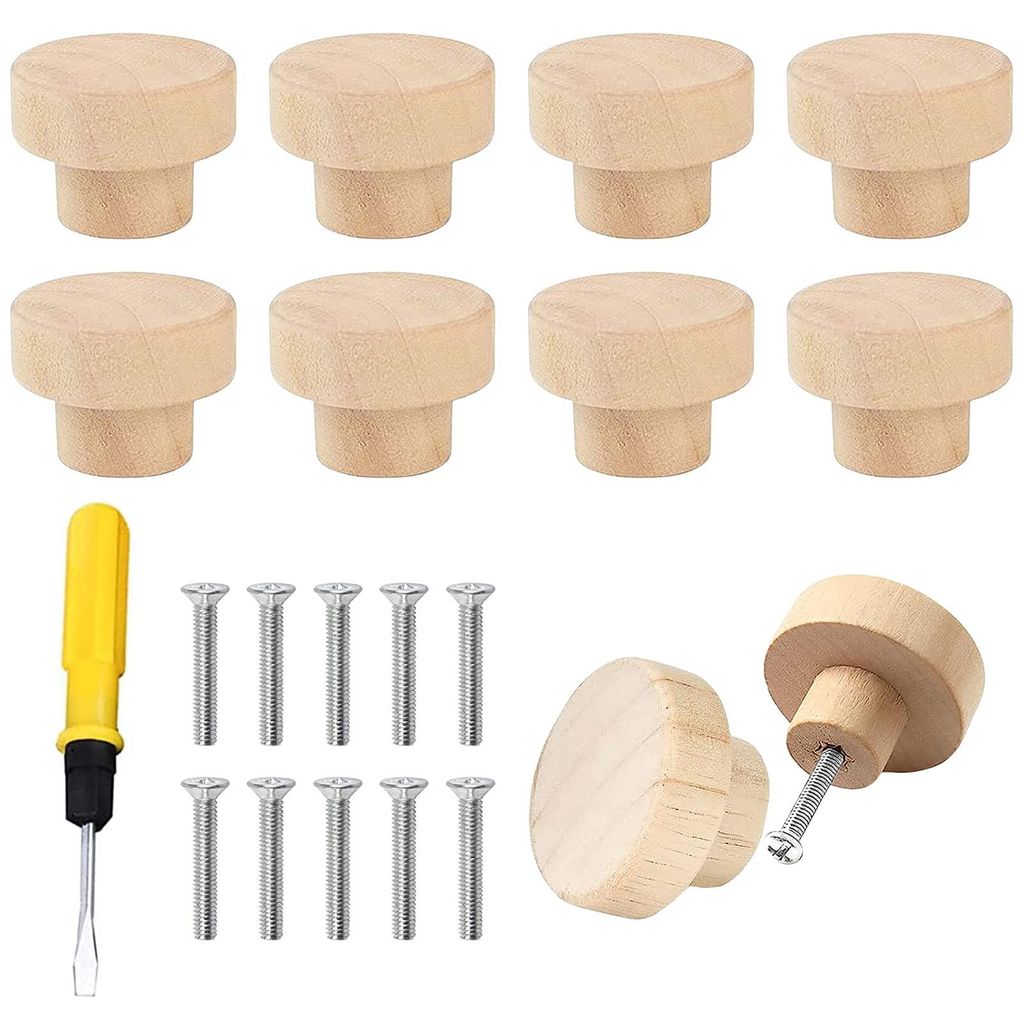 10 runde Holzknöpfe (33 x 25 mm) für Möbel, Küchenmöbel, Kommoden, Schubladen, Schuhkartons und Schranktüren (inkl. Schrauben und Schraubendr...