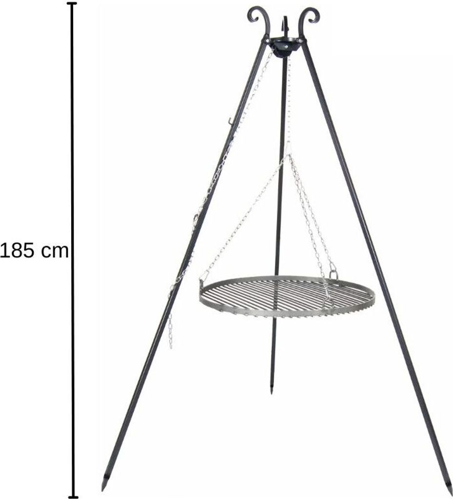 A black metal tripod grill stand with a round grill grate suspended by chains.