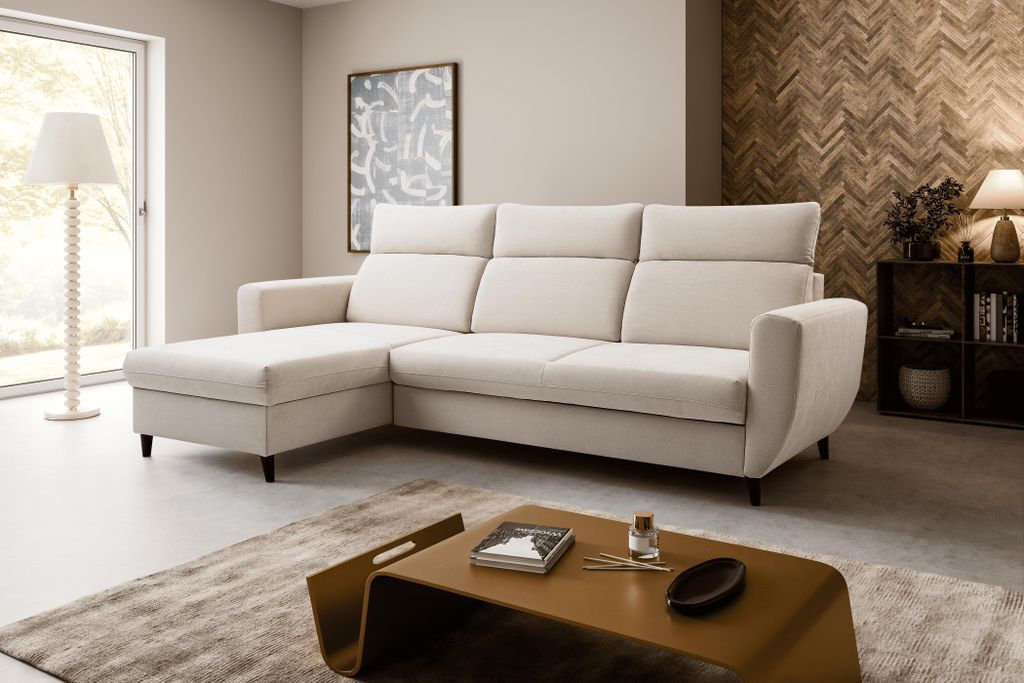 Ecksofa TORRO MINI (260 x 170 cm) – LINKE SEITE, moderne verstellbare Kopfstützen, Bettkasten, Schlaffunktion, ENJOY NEW 01 - Beige