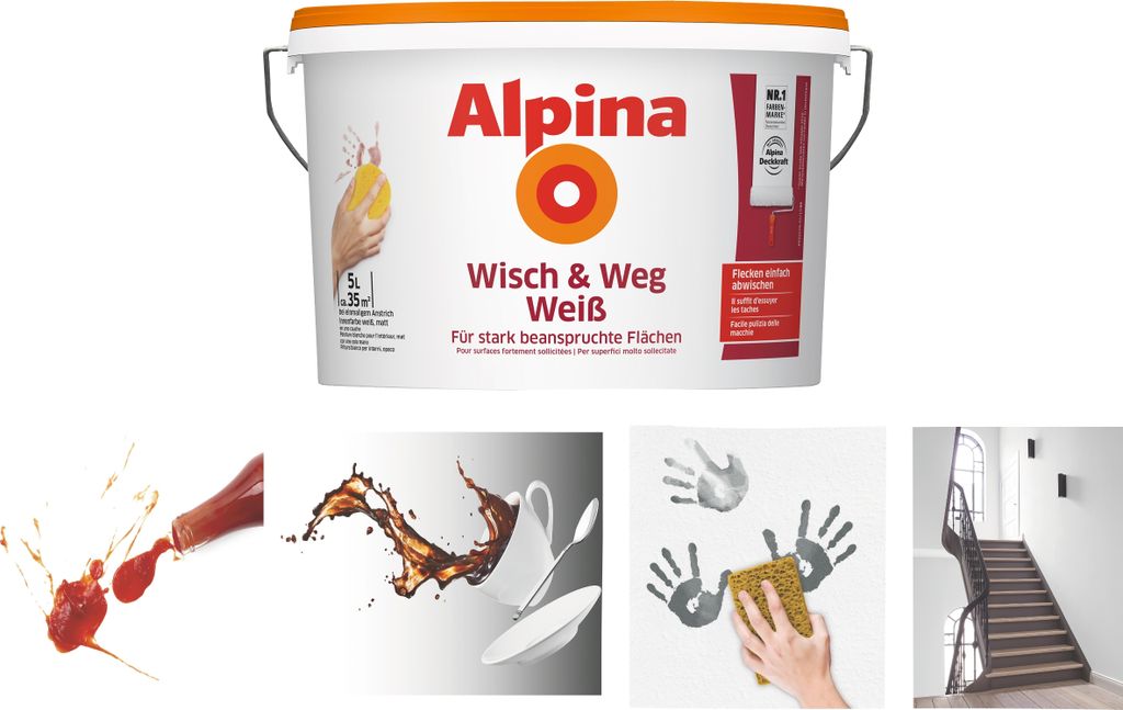 Alpina 5 Liter weiße Wandfarben für Innen Wisch&Weg Farbe Produktbild 