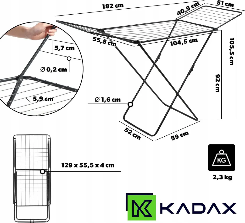Séchoir à linge stable et pliable 181 cm avec grande surface de pose - 3