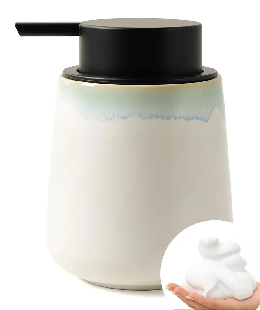 Distributeur de savon en céramique blanche et verte 350ml rechargeable
