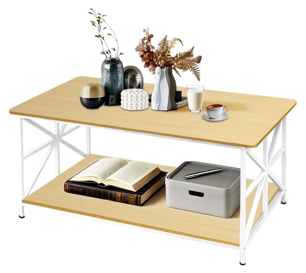 Rechteckiger Couchtisch mit unterem Regal, Beistelltisch für das Wohnzimmer, moderner Stil, Wohnzimmertisch aus Holz mit 2 Ebenen zur Aufbewahrung...