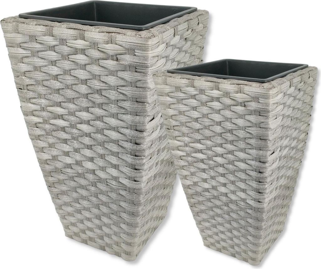 Poly-Rattan Blumentopf grau 2er Set - 51 und 60cm eckig hoch mit Einsatz schwarz Blumenkübel Übertopf Pflanz-Töpfe