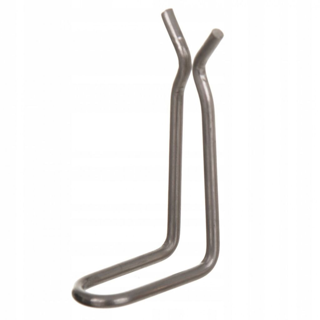 A metal bracket or clip against a white background.
