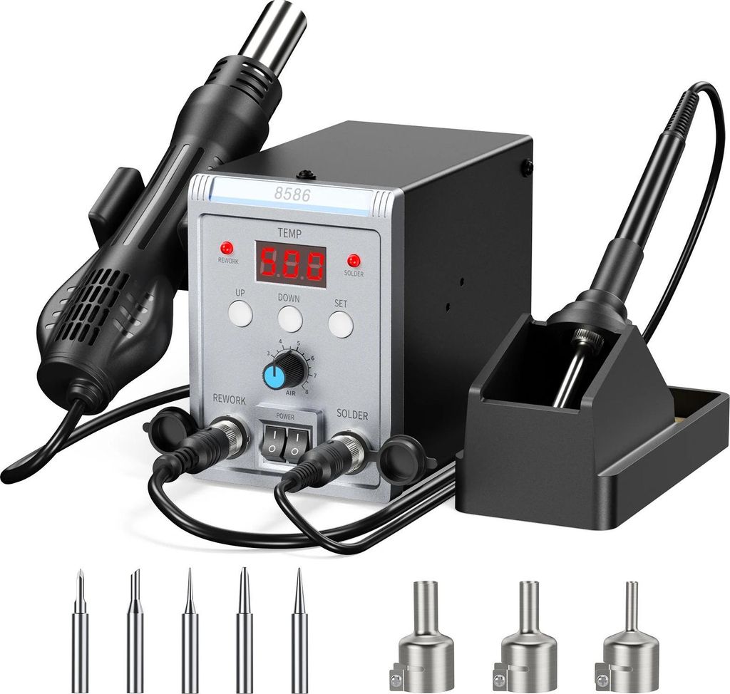 2‐in‐1 Lötstation - Heißluft Rework-Station - 100–500°C - 8 Luftstromstufen - Für SMD & Elektronikreparatur - Mit Lötkolben - - Silber