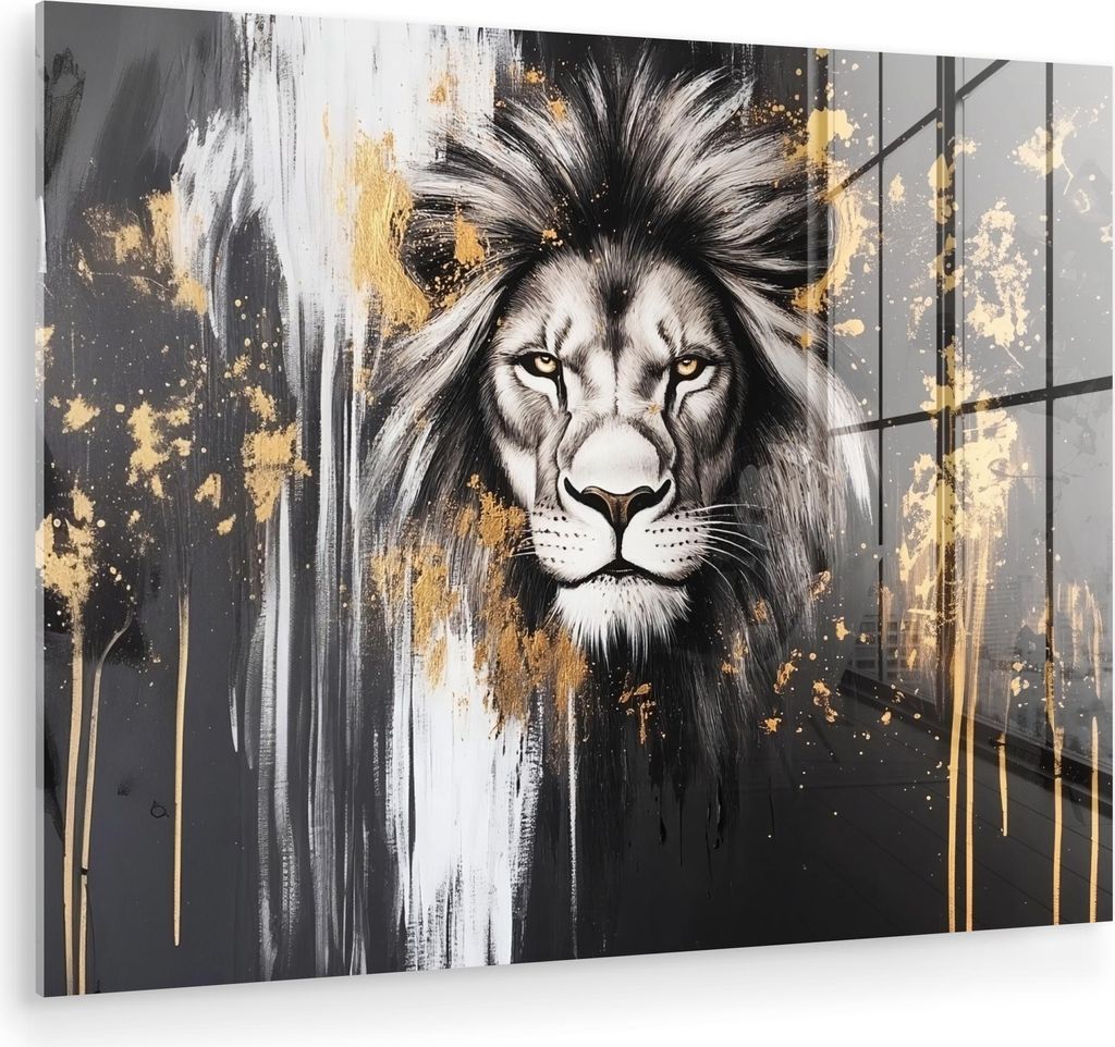 MuchoWow Glasbilder - Bilder auf Wandbild - Foto auf Glas Löwe - Porträt - Farbkleckse - Grau 40x30 cm Wanddekoration aus Glas - Acrylglasbild - ...