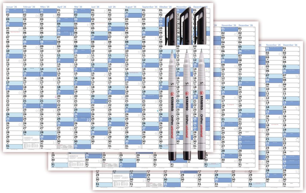 3 Stück XL Wandkalender DIN A1 2026 blau, nass abwischbar plus 3 Folienstifte schwarz Kalender Format 59,4 x 84,1cm Jahresplaner Wandplaner gerollt