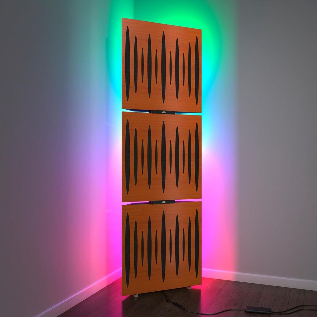 3er-Pack– Akustik-Bassfallen „PULSE“ mit Stehlampe | Mobiler Akustik-Eckständer mit LED-RGB-Hintergrundbeleuchtung | 150x50x15cm |Kirschbaum