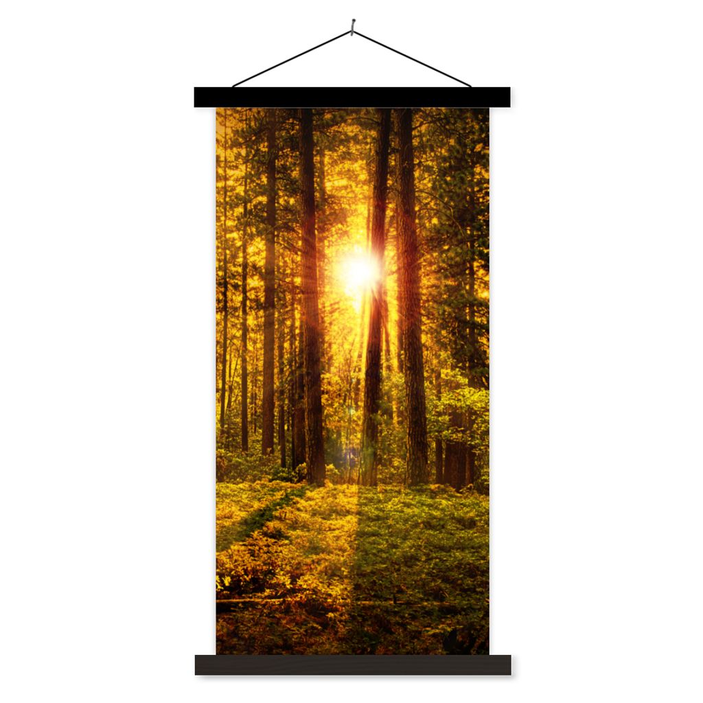 MuchoWow Textilposter Wald - Sonne - Bäume - Natur - Sonnenuntergang 60x120 cm mit schwarzem Rahmen - Magnete