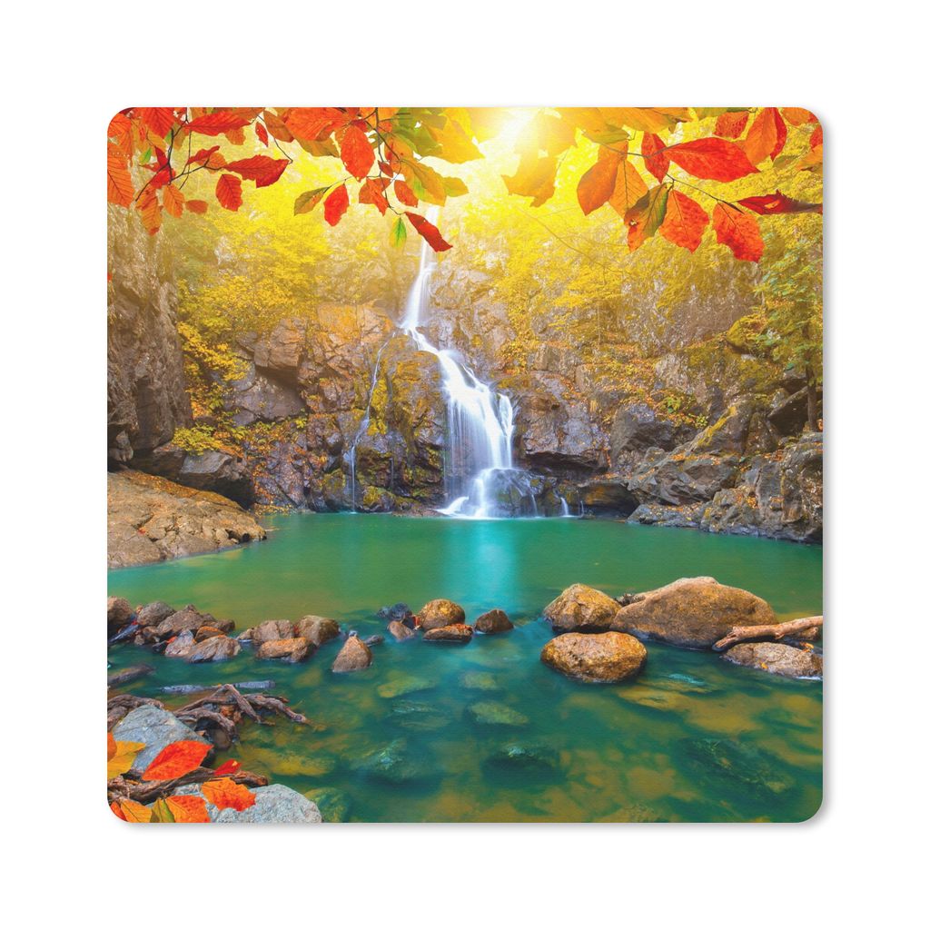 MuchoWow Mauspad Mousepad Steine - Baum - Wasserfall - Herbst - Rot 20x20 cm - Mousepads - Maus Mat - Pad - Mausunterlage - Desk Mat - Bureauarti...