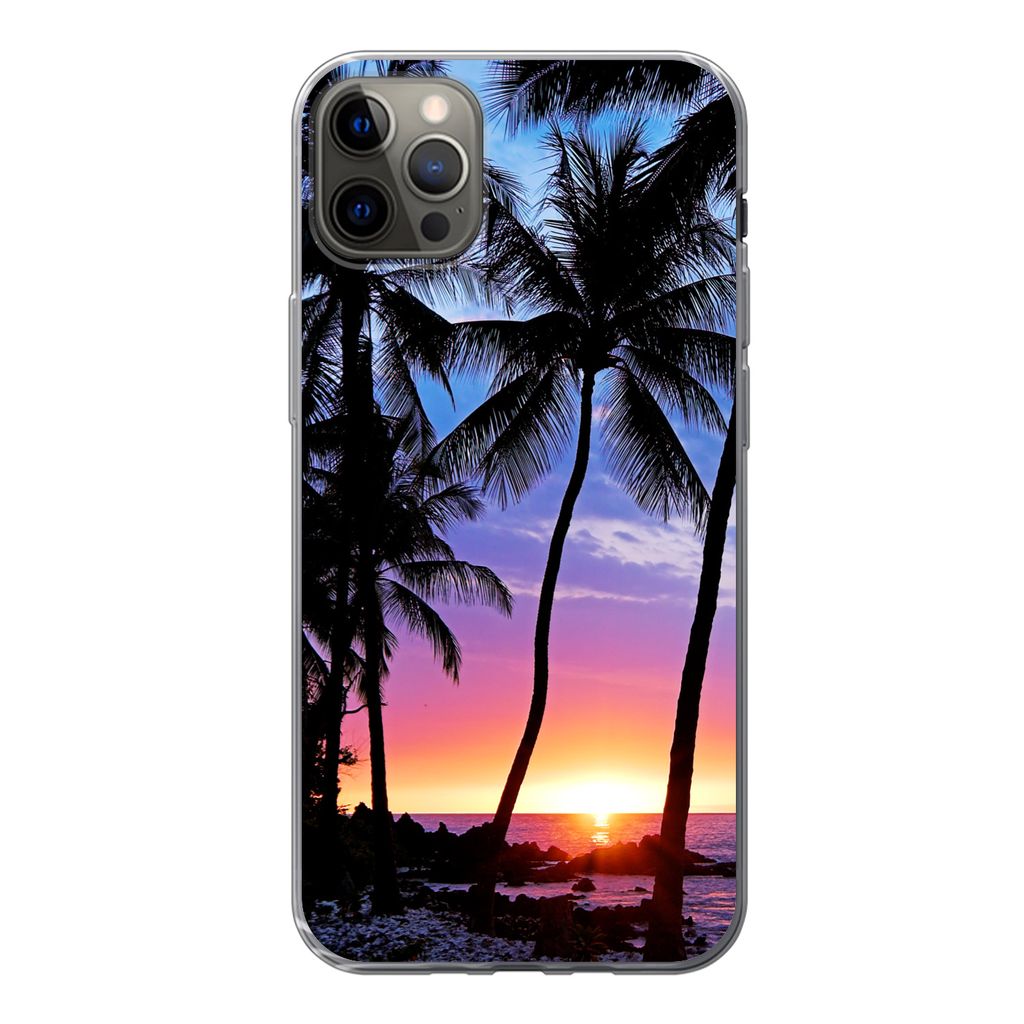 MuchoWow Handyhülle Schutzhülle Hülle für iPhone 13 Pro Max Der farbenprächtige Sonnenuntergang hinter einer Reihe von Palmen auf Hawaii Sil...