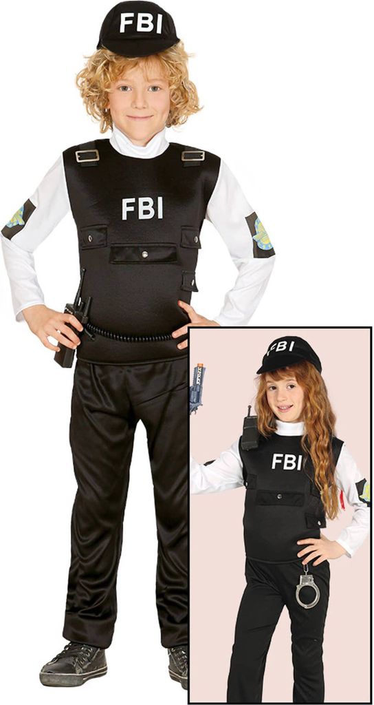 Polizei Abenteuer Kostüm Kinder Karneval FBI Mütze Uniform Spaß Krimi Outfit Fasching Rollenspiel Party Schwarz Krimi Detektiv Welt, Größe: 14...