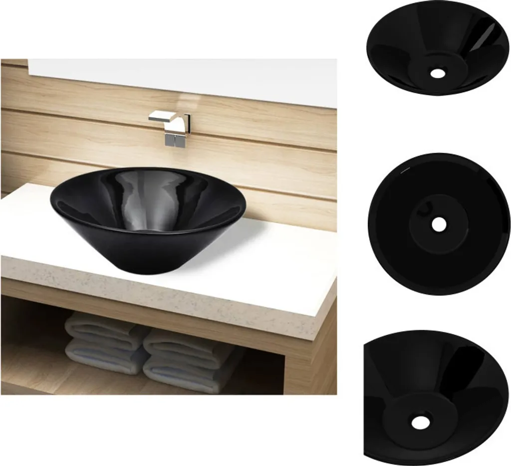 Lavabo Rotondo Da Appoggio In Ceramica Nera – Diametro 41 Cm, Altezza 15 Cm, Modello ROLL ON DARK