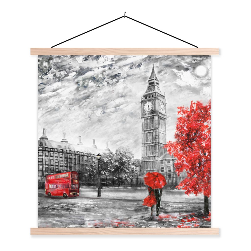 MuchoWow Textilposter Gemälde - Big Ben - Rot - Regenschirm 40x40 cm mit holzfarbenen Rahmen - Posterleiste