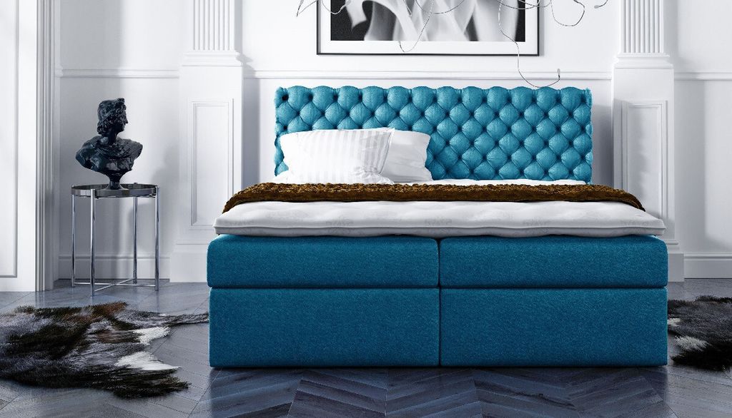 Stilvolles kontinentales Bett Giulio blau 160 + er Topper