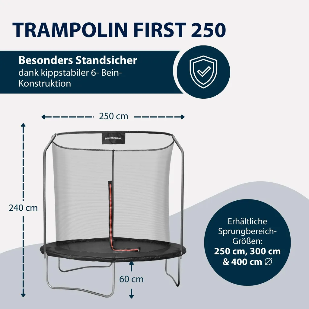 Trampoline 250cm First 250V noir robuste avec structure en acier et filet