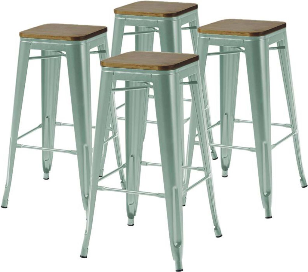 Satz von 4 Barhockern aus mattem Metall in graugrün und Holz - Oviala Indus