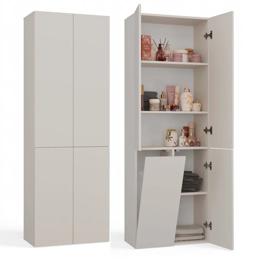 Armoire de toilette haute 60 cm avec bac à linge et 4 portes rangement