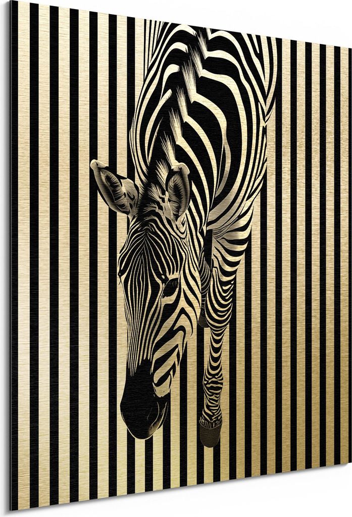 DEQORI Alu-Dibond Bild Gold 50x50 cm 'Zebra im Streifenrausch' Wandbild Metall dünn