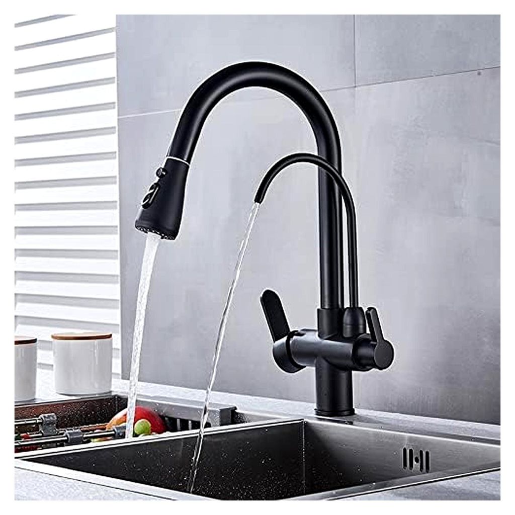 Spülbecken mit herausziehbarer Brause, Wasserfilter-Wasserhähne, Doppelgriff-Mischbatterie for die Küchendeckmontage, 360-Grad-Drehung, Wasserau...