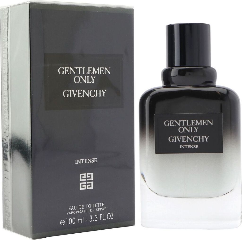 Flakon und Verpackung von Gentlemen Only Givenchy Intense Eau de Toilette, 100 ml, in elegantem Schwarz-Glas -Verlauf mit schlichtem Design.