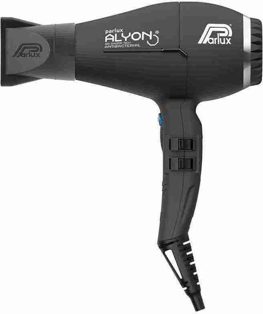 A black Parlux Alyon hair dryer is shown against a white background.
