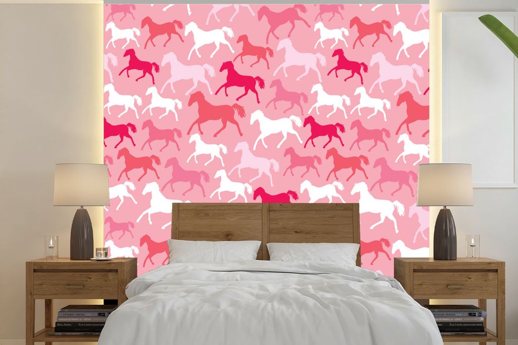 MuchoWow Fototapete für Wohnzimmer oder Schlafzimmer Wandtapete Vinyl Motivtapete Pferde - Rosa - Muster - Mädchen - Kinder - Mädchen - 300x30...