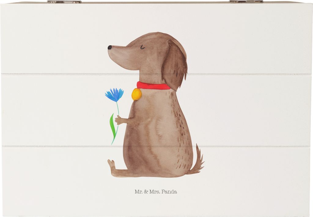 Mr. & Mrs. Panda Holztruhe Hund Blume 22 x 15 cm - Weiß - Geschenk, Box, Geschenkbox, Halsband, Holzkiste, Kiste, Hunde, Süß, Truhe, Sprüche