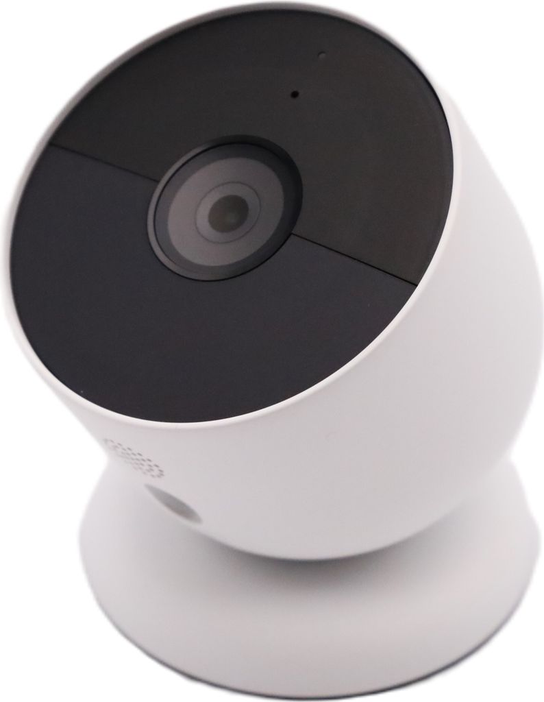 A white Google Nest Cam security camera is shown against a white background.