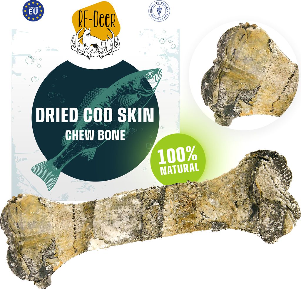 RF-DEER: 20 Stück 1200-1300g 17-19cm getrocknete Dorschhaut Kabeljauhaut Fisch Dorsch 100% natürliche Kauartikel Kausnack für alle Hunde