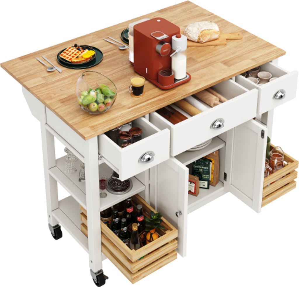 Moderne Kuecheninsel 120 x 73 x 90 cm (L x B x H) WeissKuechenschrank Essschrank Esszimmerwagen Holzmaserung mit Kiefernkorb Aufbewahrungskorb
