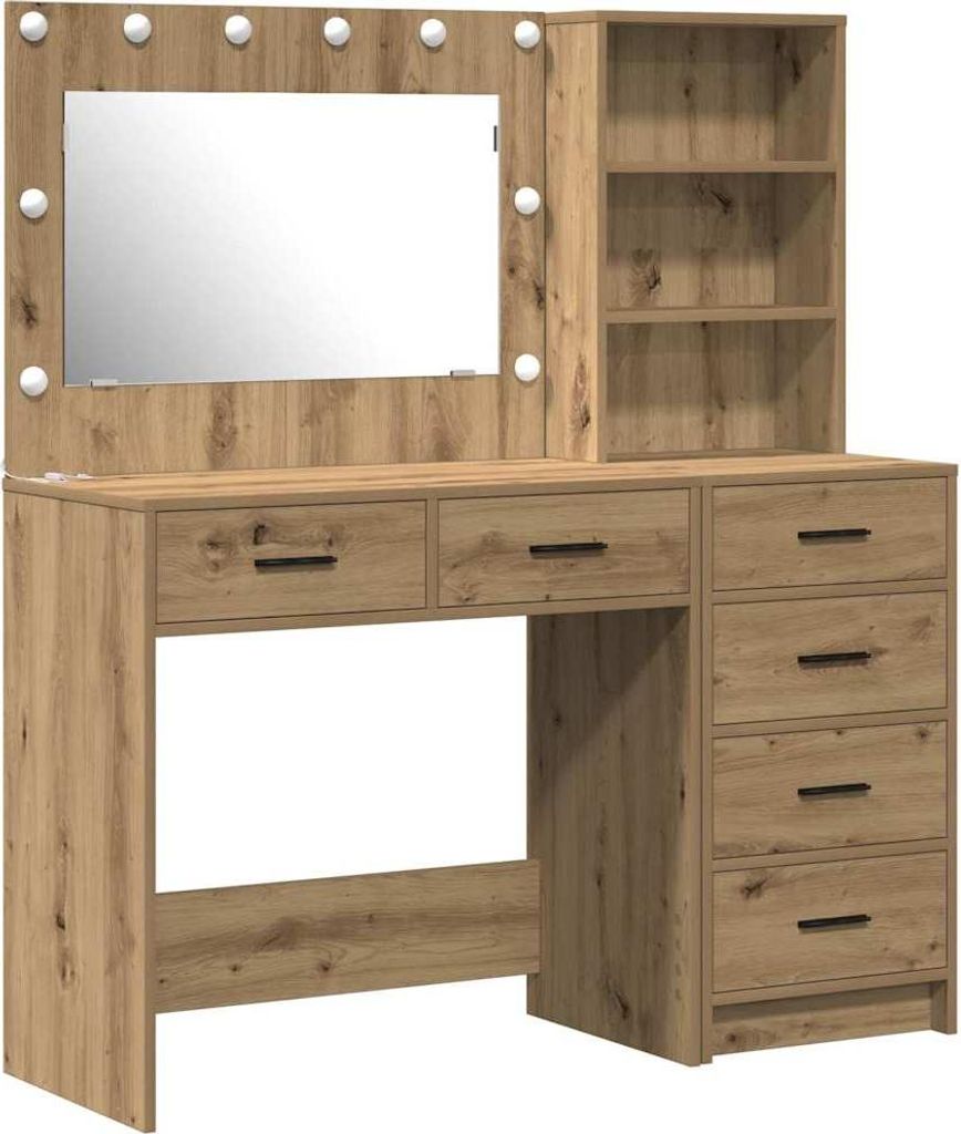 A vanity table with a mirror and shelves, made of wood-effect material.