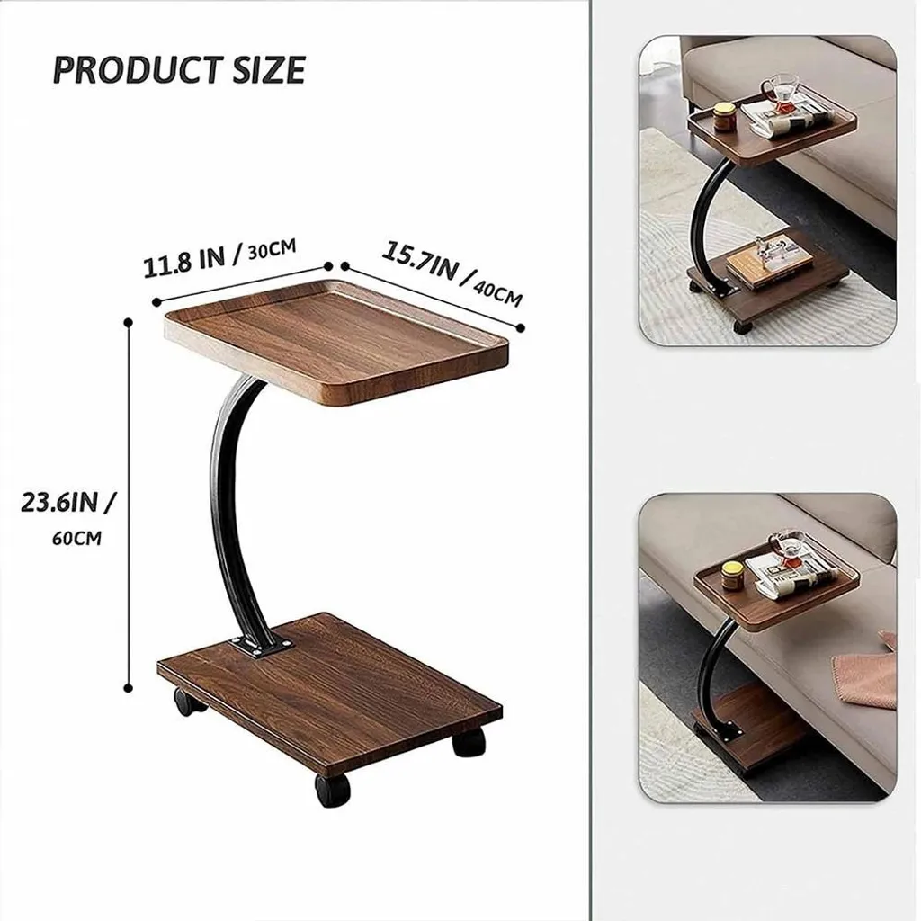 Table d'appoint mobile rectangulaire en noyer avec double rangement
