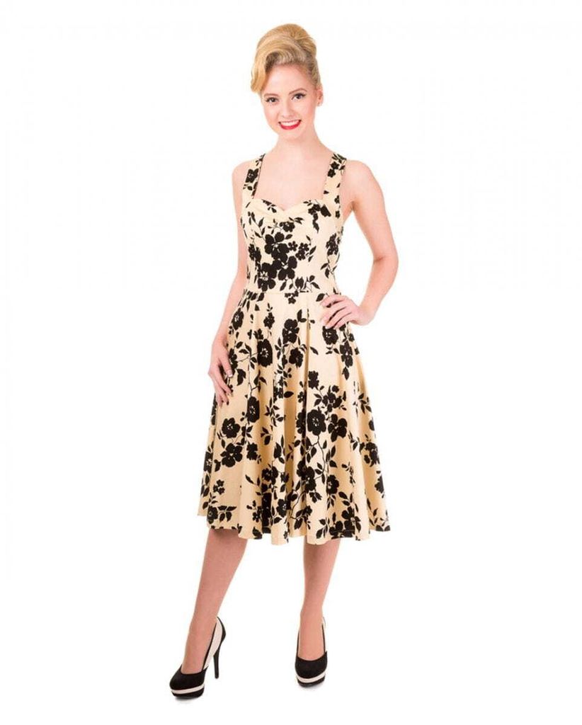 Retro Neckholderkleid mit Blumenprint beige/schwarz Damen Größe: L