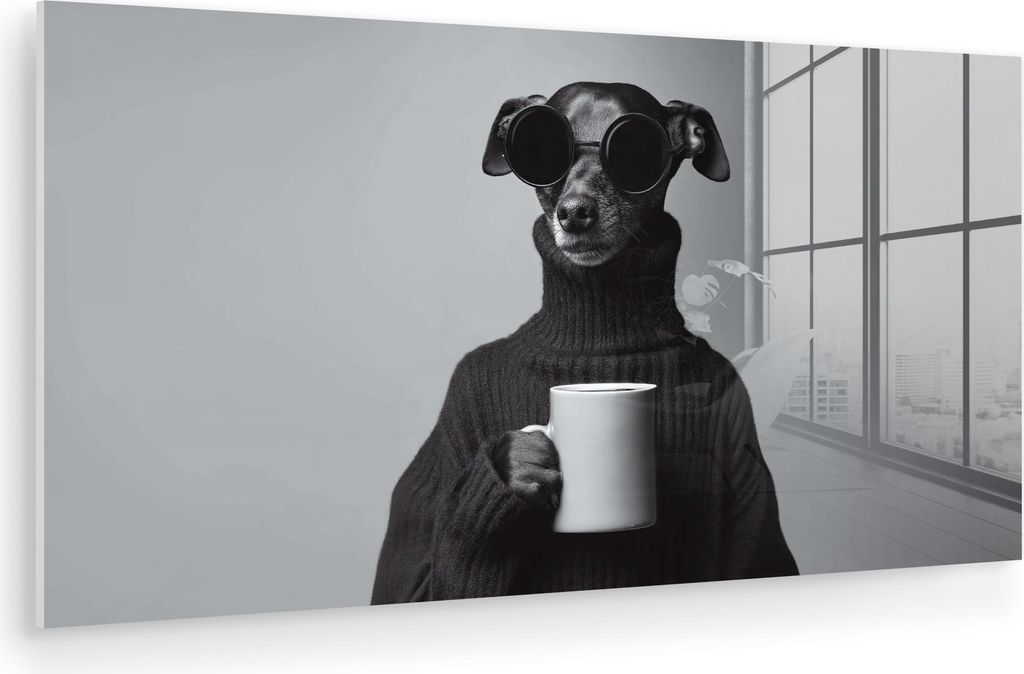 MuchoWow Glasbilder - Bilder auf Wandbild - Foto auf Glas Rollkragenpullover - Hund - Brille - Becher 40x20 cm Wanddekoration aus Glas - Acrylglasb...