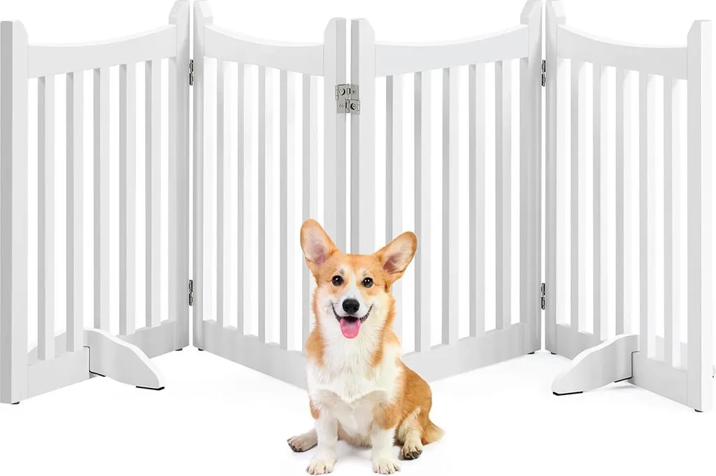 Barrière pour chien autoportante et pliante blanche avec 4 panneaux
