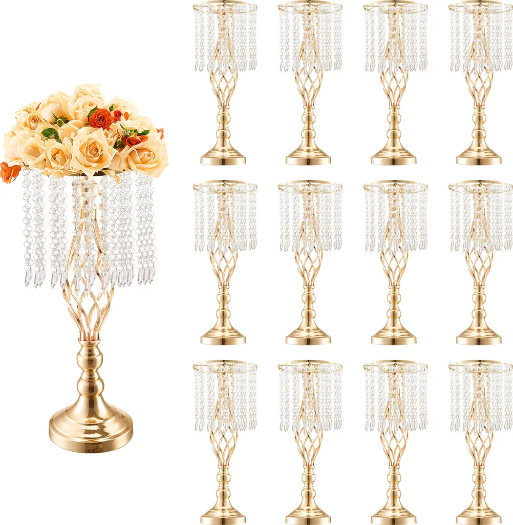 VEVOR Lot de 12 Présentoirs à Fleurs en Cristal 49 cm Dorés pour Mariage