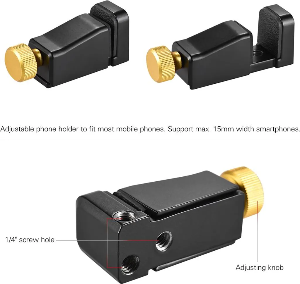 LC-12 Supporto regolabile per telefono cellulare in metallo, mini morsetto per telefono cellulare, adattatore per treppiede con 3 pezzi fori per viti da 1/4 di pollice per iPhone, Samsung, Huawei, Xiaomi, smartphone, video slider - 2