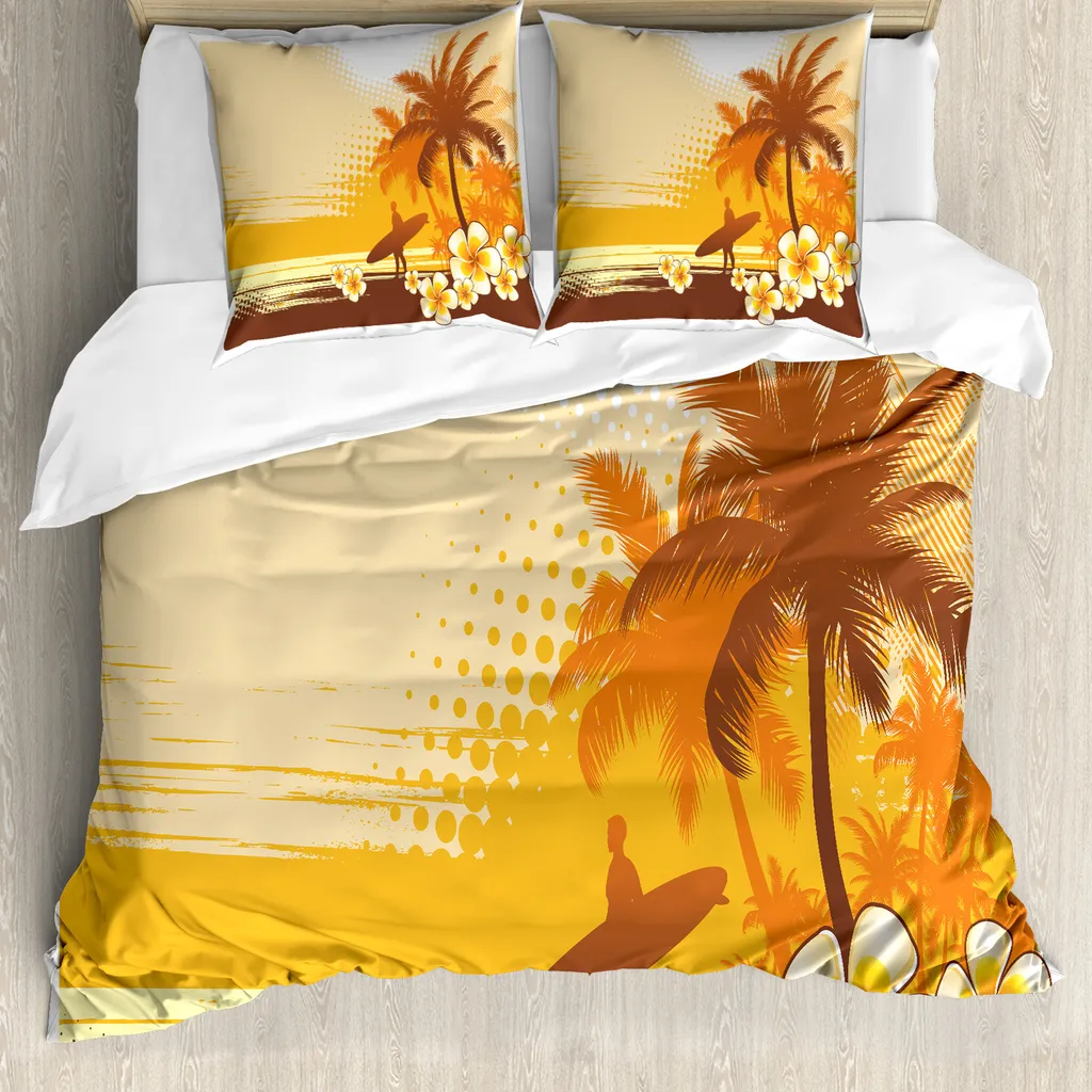 ABAKUHAUS Copripiumino Surf, paesaggio tropicale con surfisti, antiacaro, adatto a chi soffre di allergie, con federe, 200 cm x 200 cm - 80 x 80 cm, giallo marrone arancione