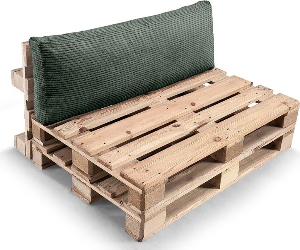 A green cushion on a wooden pallet sofa.