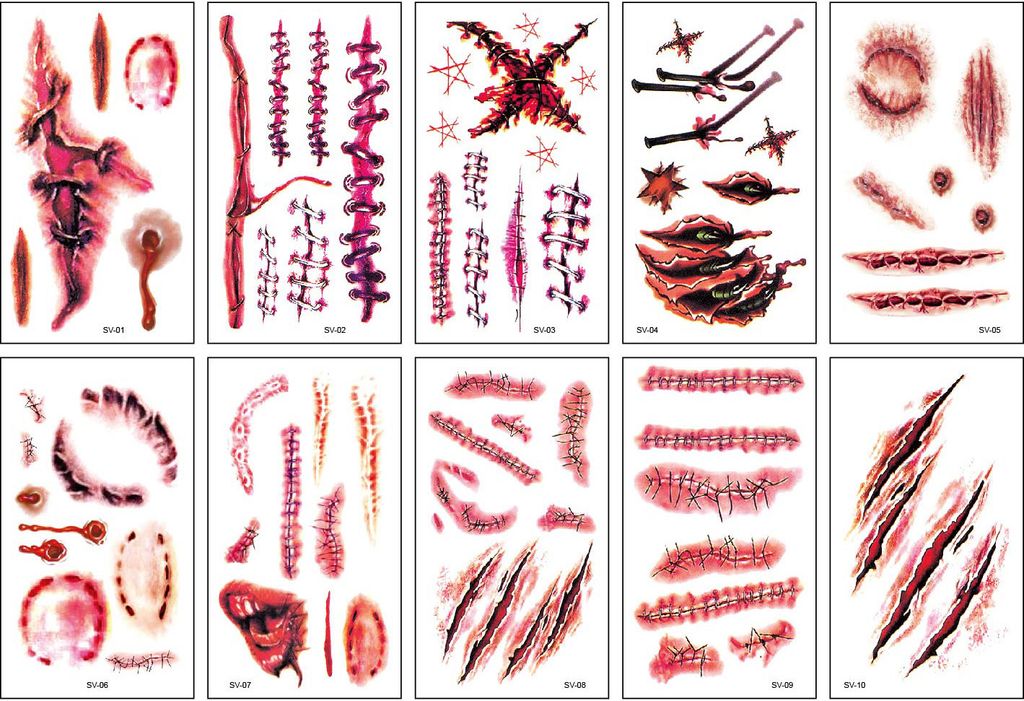 Temporäre Tattoos (10 Blatt) - Halloween Zombie Scars Tattoos Aufkleber mit gefälschten Scab Blut Spezial Fx Kostüm Makeup Stützen