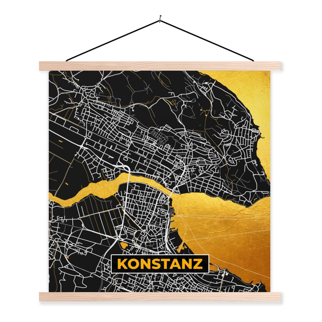 MuchoWow Textilposter Konstanz - Gold - Stadtplan - Deutschland - Karte 40x40 cm mit holzfarbenen Rahmen - Posterleiste