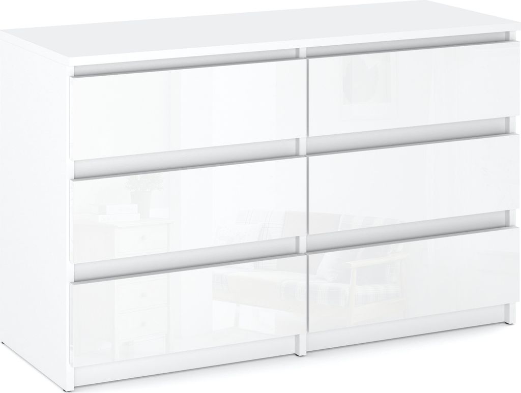 Kommode mit 6 Schubladen Weiß Matt / Weiß Glanz Produktbild 